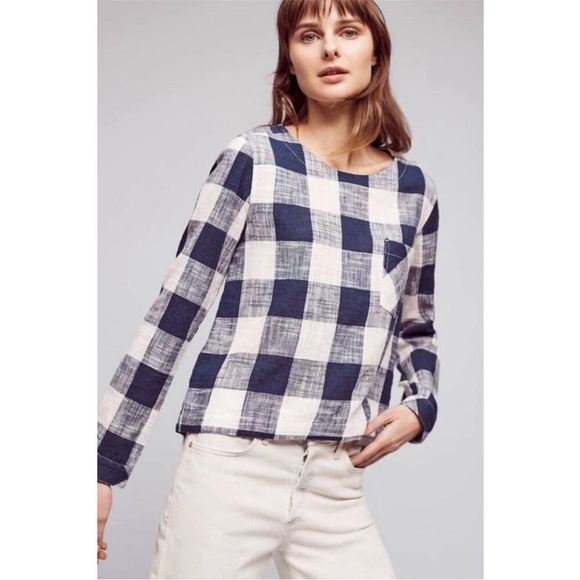cloth & stone Tops - Cloth & Stone Navy and White Checkered Blouse